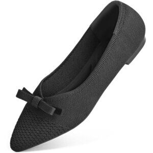Black Suede Flats Bow Knit Round Toe Comfortable Ballet Flats for Office Work